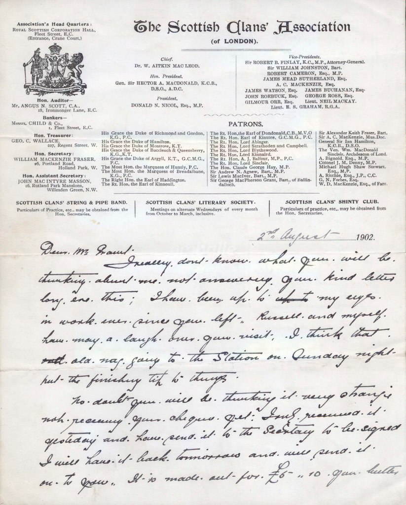 Letter To Grant From William Fraser 2 Aug 1902 Page 1 High Life Highland