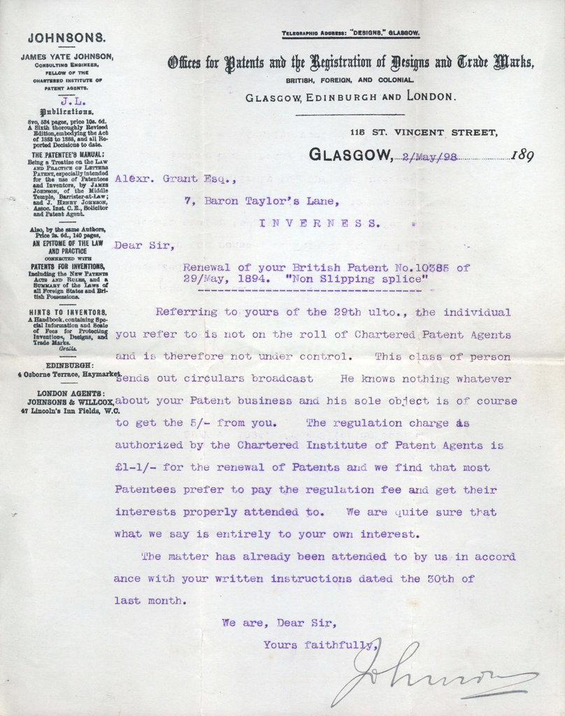 Letter to Grant from Messrs Johnsons, Patent Agents, 2 May 1898 